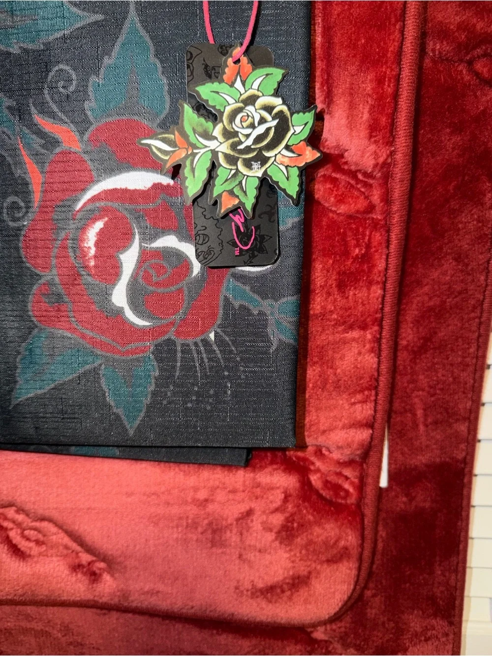 Ed Hardy Black Shower Curtain with Red Rose and Teal Leaves